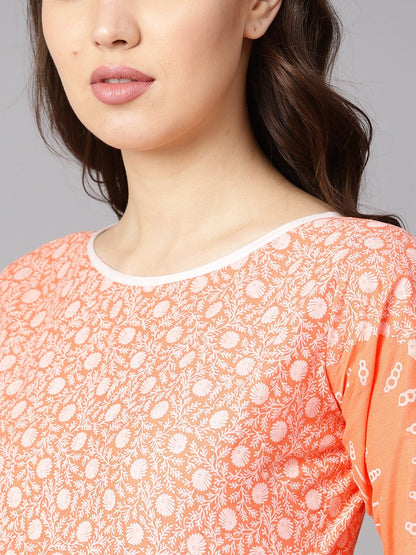 Women's Floral White Printed A-Line Kurta With White Geometric Printed Skirt