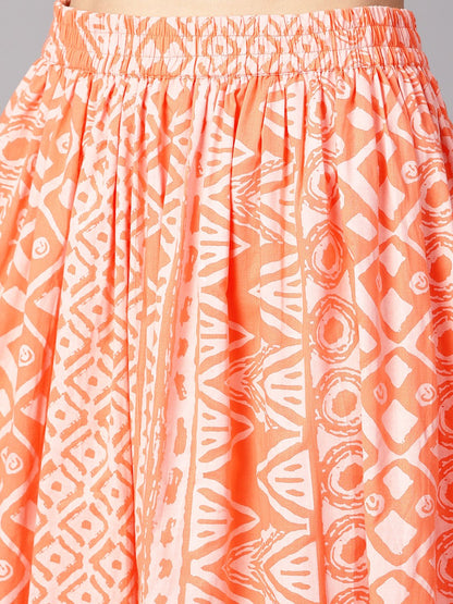 Women's Floral White Printed A-Line Kurta With White Geometric Printed Skirt