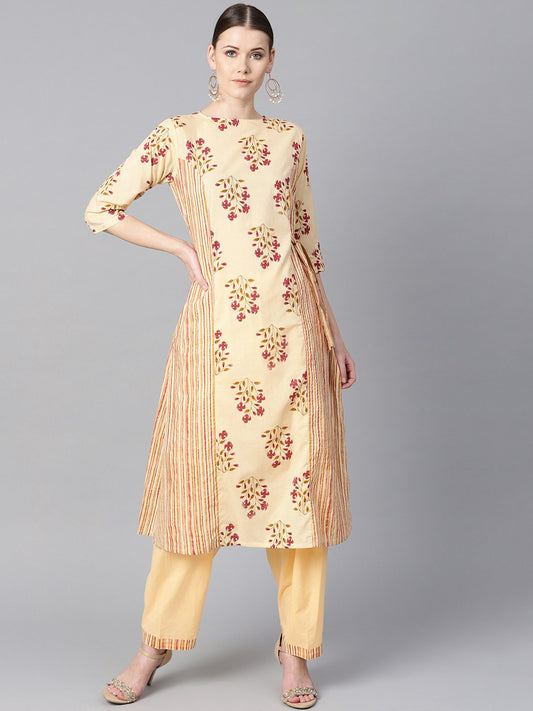 Women's Floral Printed Kurta With Striped Panels With Solid Light Beige Salwar