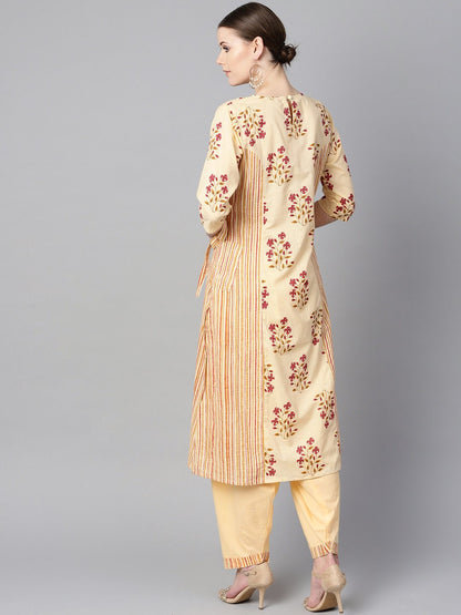 Women's Floral Printed Kurta With Striped Panels With Solid Light Beige Salwar