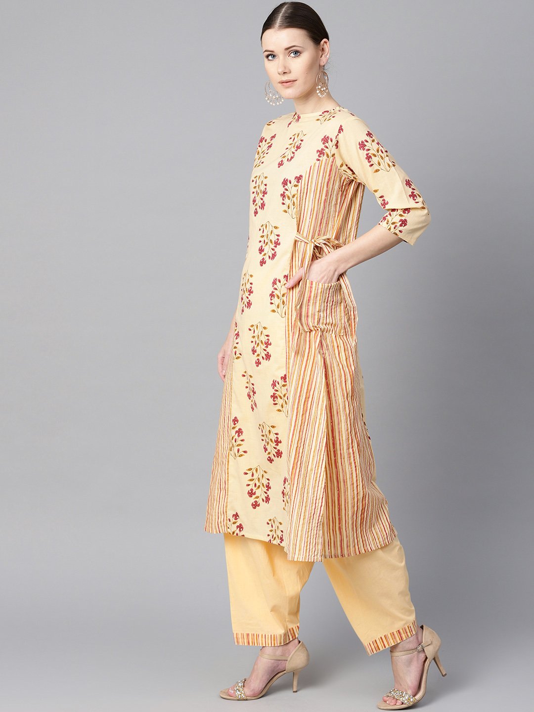 Women's Floral Printed Kurta With Striped Panels With Solid Light Beige Salwar