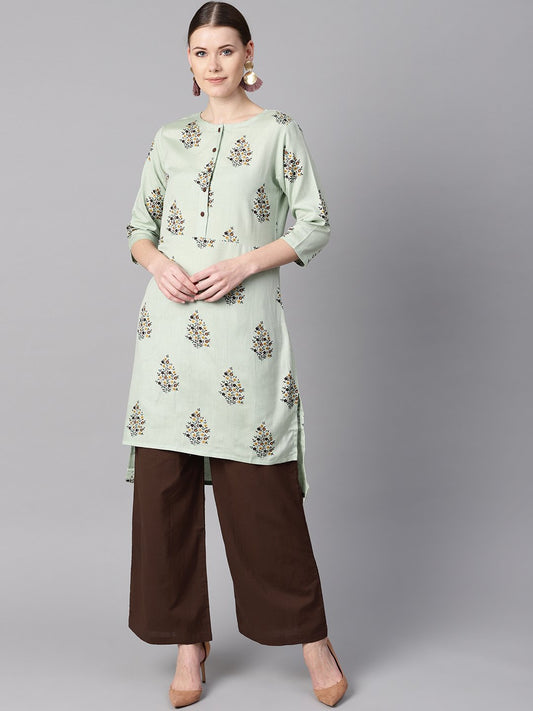 Women's Floral Printed Assymetrical Kurta With Solid Chocolate Brown Palazzo