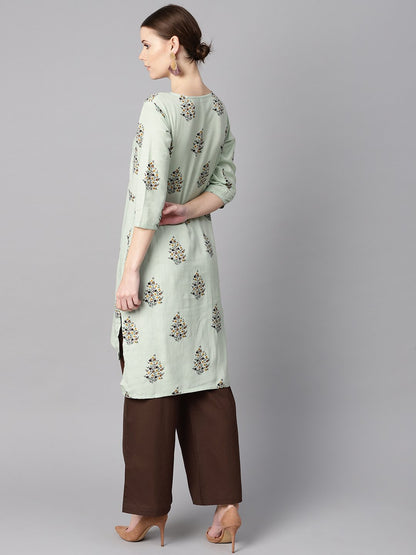 Women's Floral Printed Assymetrical Kurta With Solid Chocolate Brown Palazzo