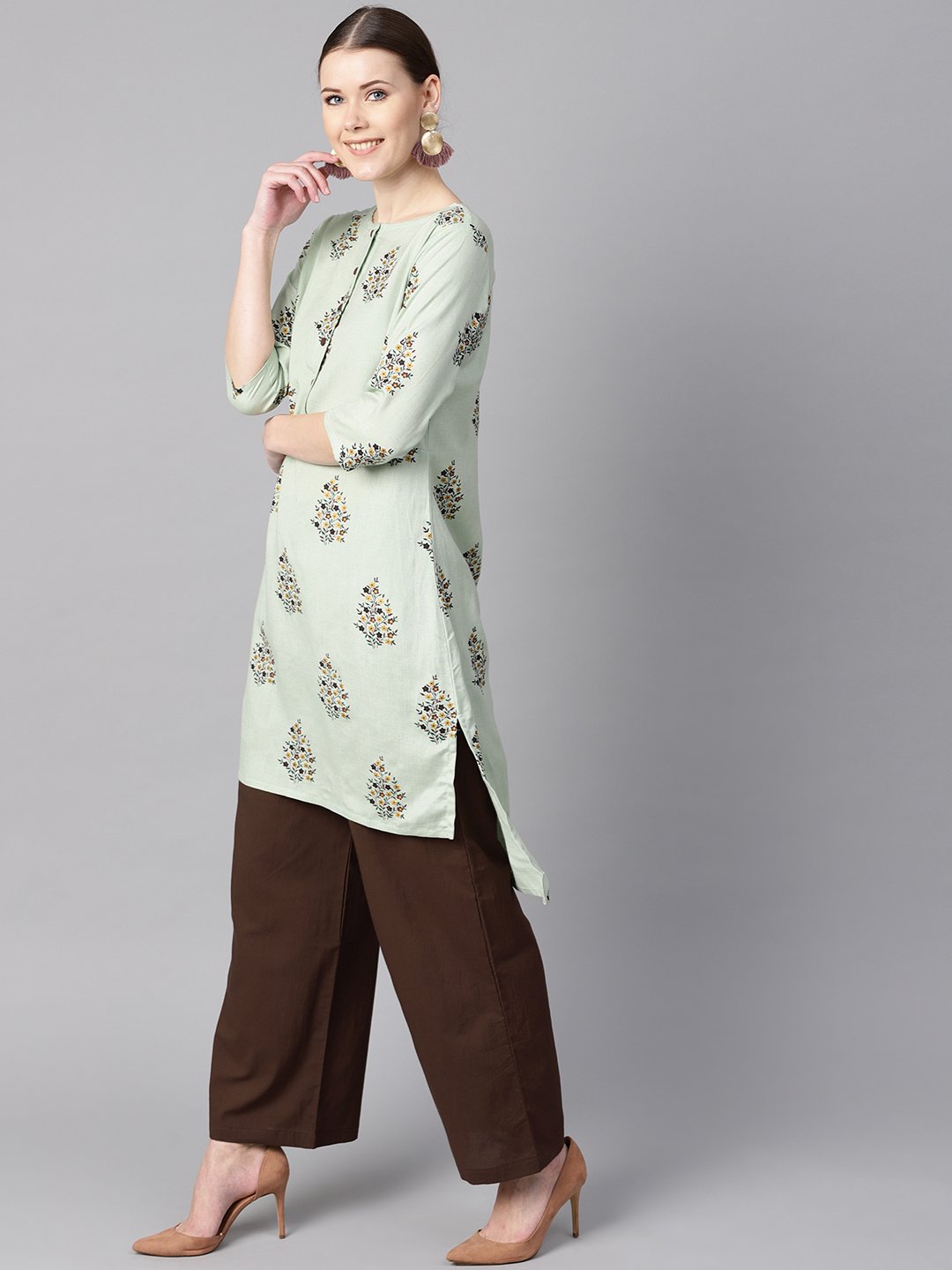 Women's Floral Printed Assymetrical Kurta With Solid Chocolate Brown Palazzo