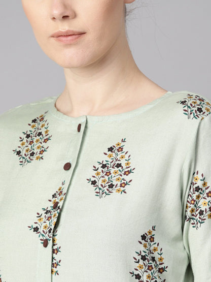 Women's Floral Printed Assymetrical Kurta With Solid Chocolate Brown Palazzo