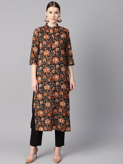 Women's Floral Printed 3/4Th Sleeve A-Line Kurta With Solid Black Pants