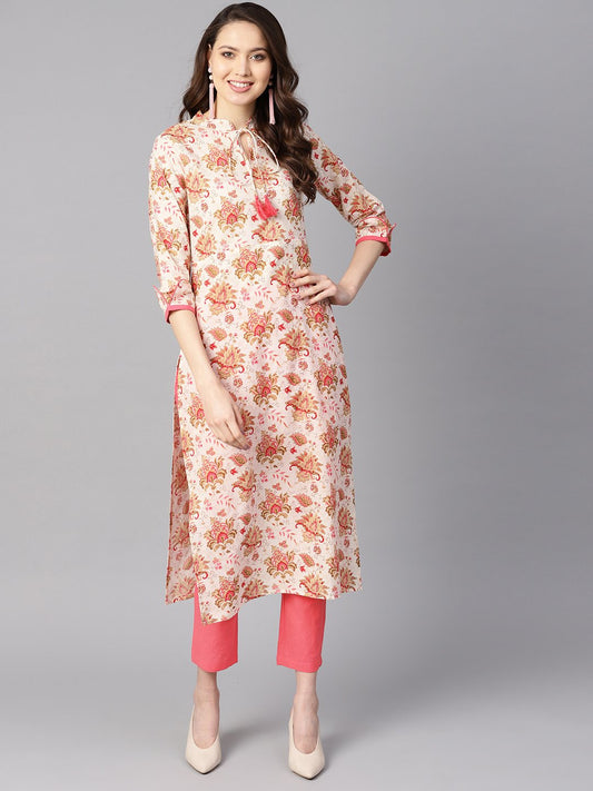 Women's Multi Colored Floral Printed Straight Kurta With Detailed Cuff With Solid Pink Pants