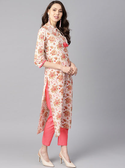 Women's Multi Colored Floral Printed Straight Kurta With Detailed Cuff With Solid Pink Pants