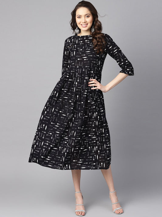 Women's Quirky Spoon Print Box Pleated Dress With Frilled Sleeves