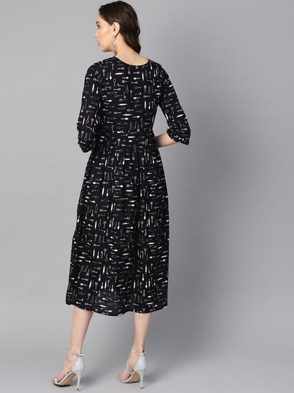 Women's Quirky Spoon Print Box Pleated Dress With Frilled Sleeves