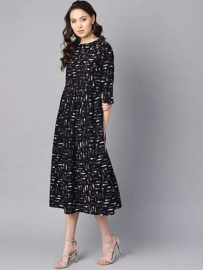 Women's Quirky Spoon Print Box Pleated Dress With Frilled Sleeves