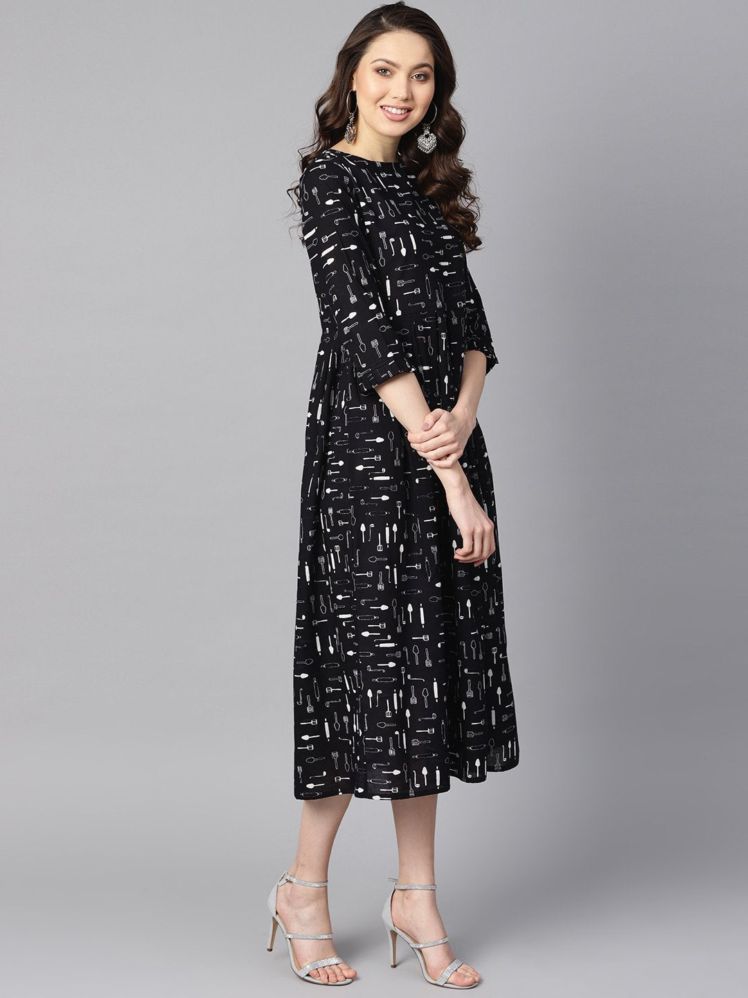 Women's Quirky Spoon Print Box Pleated Dress With Frilled Sleeves