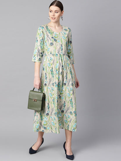 Women's Floral Print Dress With Gathers In Centre With A Belt At The Back