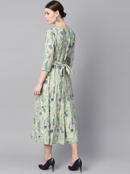 Women's Floral Print Dress With Gathers In Centre With A Belt At The Back