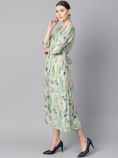 Women's Floral Print Dress With Gathers In Centre With A Belt At The Back