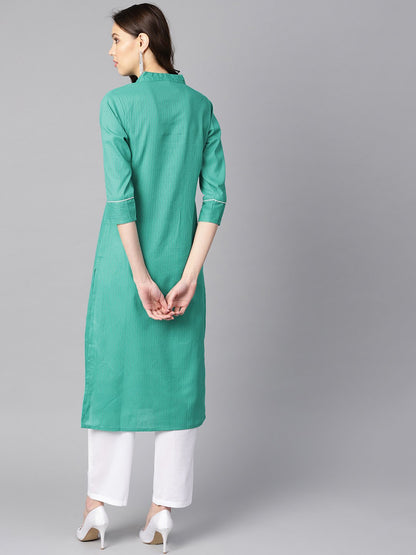 Women's Solid Green Tagai-Work Straight Kurta With Detailing On The Cuff With White Straight Pants