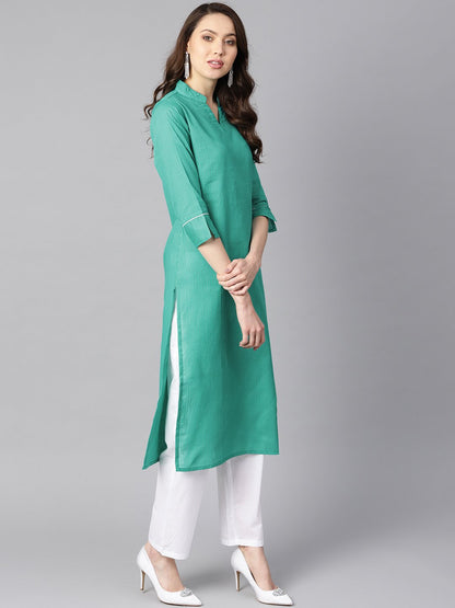 Women's Solid Green Tagai-Work Straight Kurta With Detailing On The Cuff With White Straight Pants