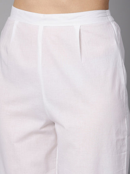 Women's Solid Green Tagai-Work Straight Kurta With Detailing On The Cuff With White Straight Pants