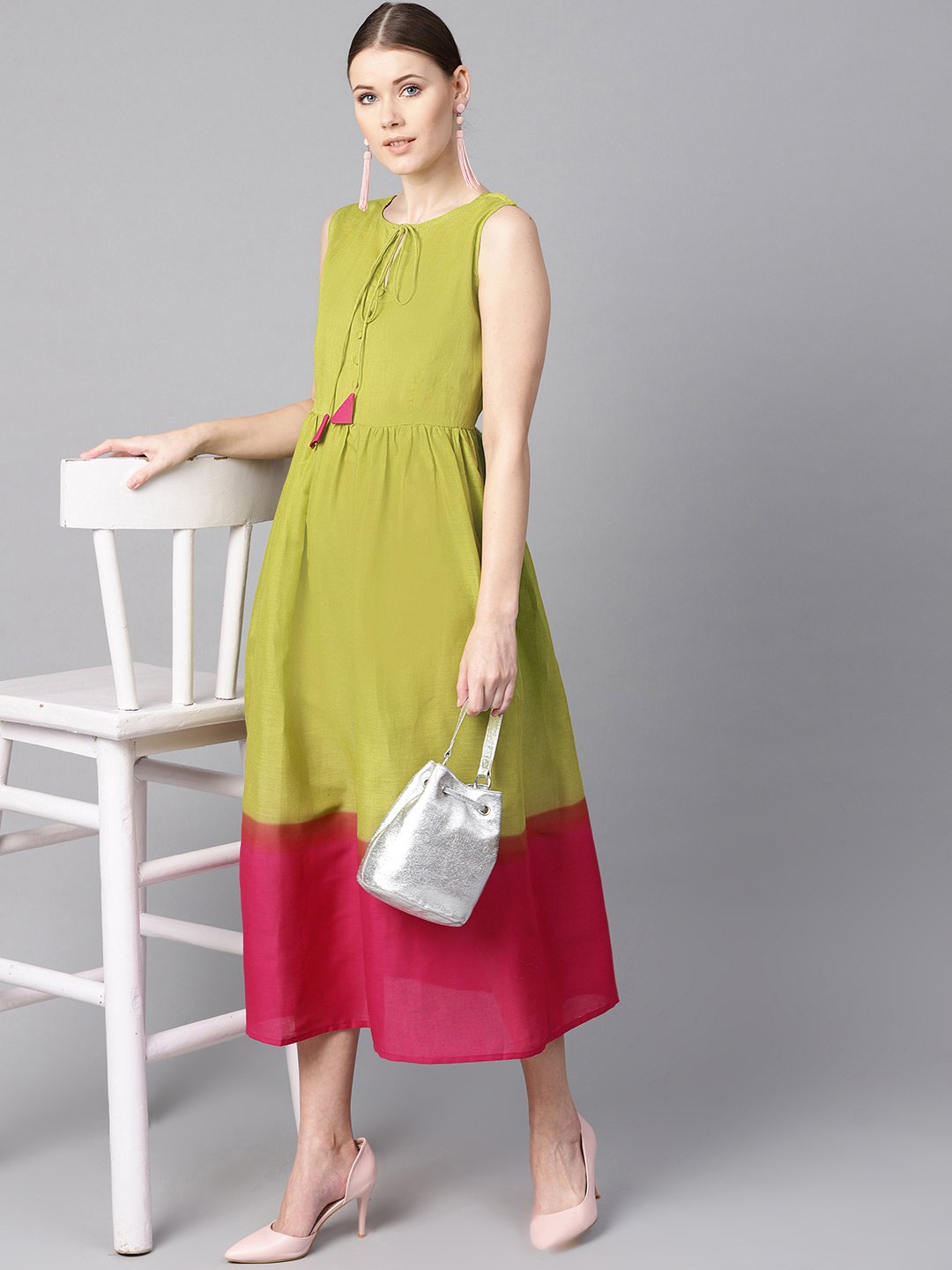 Women's Ombre Dye Green & Pink Dress With Button And Dori Detailing