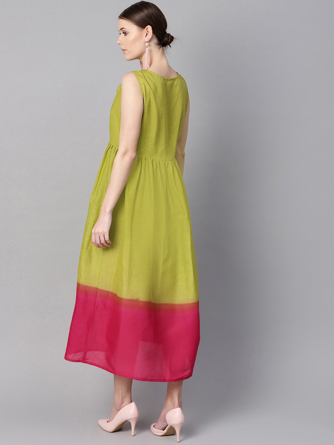 Women's Ombre Dye Green & Pink Dress With Button And Dori Detailing