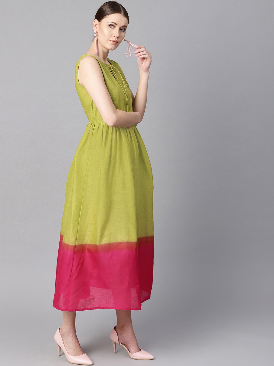 Women's Ombre Dye Green & Pink Dress With Button And Dori Detailing