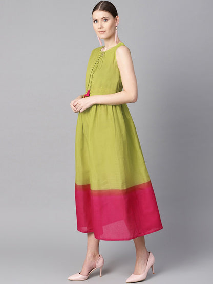 Women's Ombre Dye Green & Pink Dress With Button And Dori Detailing