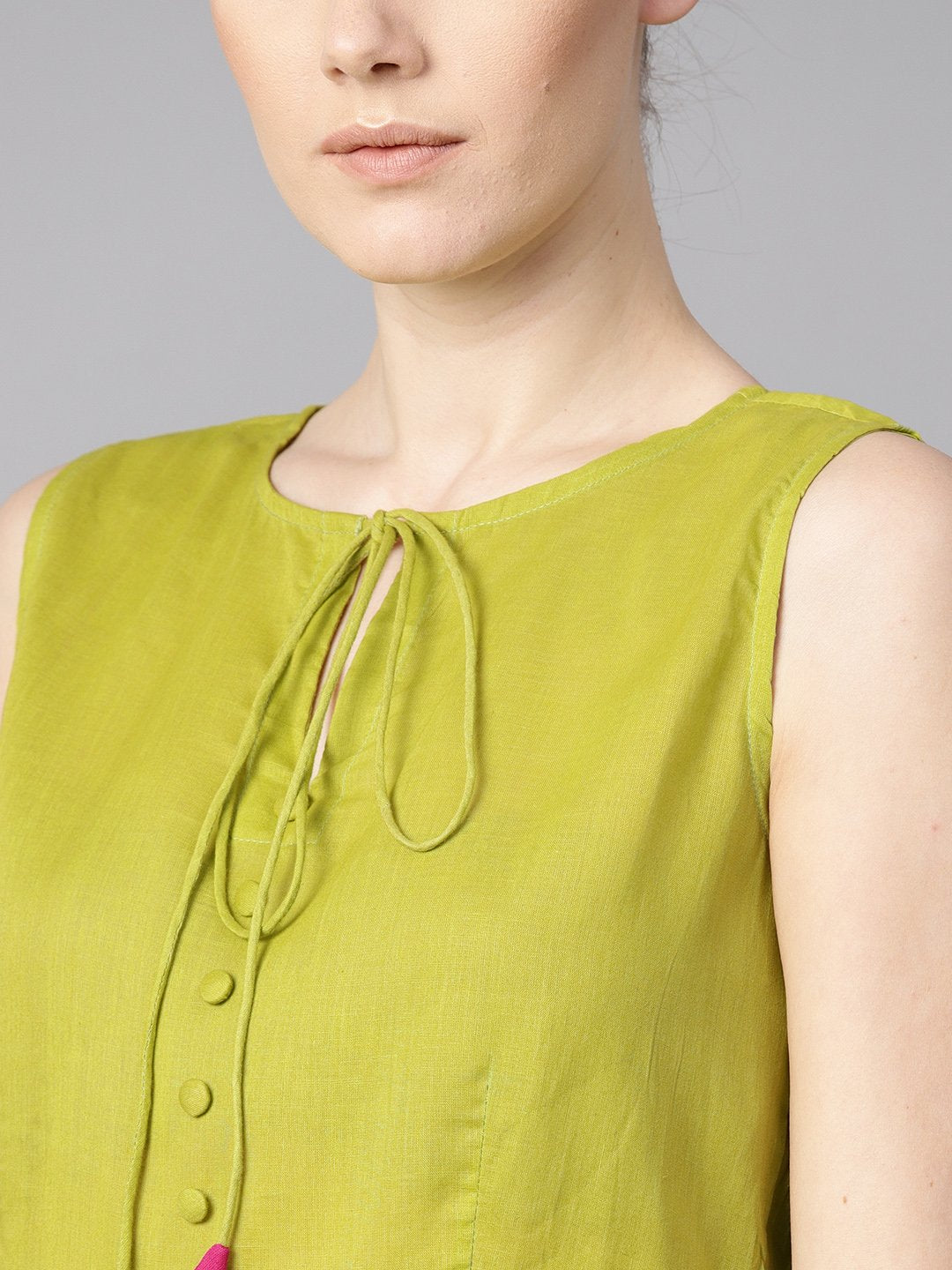 Women's Ombre Dye Green & Pink Dress With Button And Dori Detailing