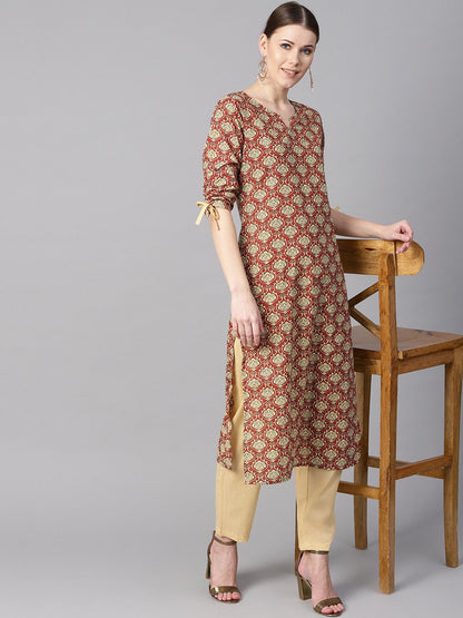 Women's Maroon Floral Printed Kurta With Draw String Detailed Sleeves And Pale Yellow Pants