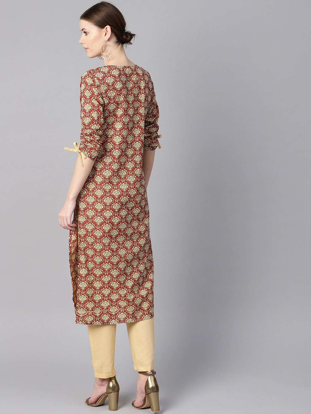 Women's Maroon Floral Printed Kurta With Draw String Detailed Sleeves And Pale Yellow Pants