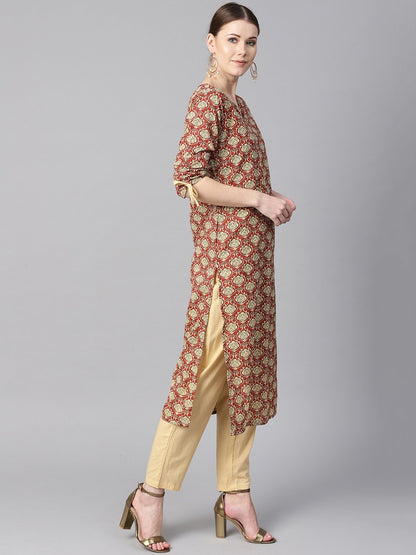 Women's Maroon Floral Printed Kurta With Draw String Detailed Sleeves And Pale Yellow Pants