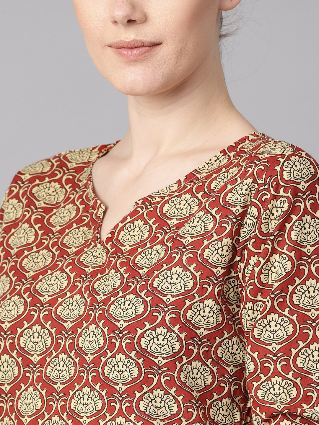 Women's Maroon Floral Printed Kurta With Draw String Detailed Sleeves And Pale Yellow Pants