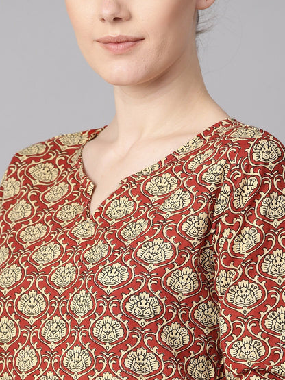 Women's Maroon Floral Printed Kurta With Draw String Detailed Sleeves And Pale Yellow Pants