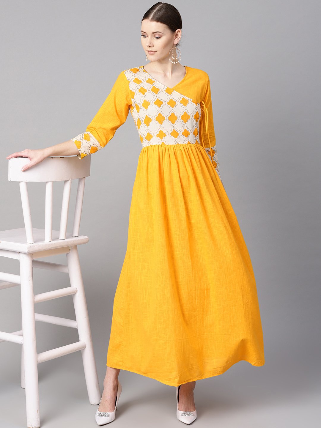 Women's Printed Yoke Angrakha Style 3/4Th Sleeve Yellow Colored Maxi.