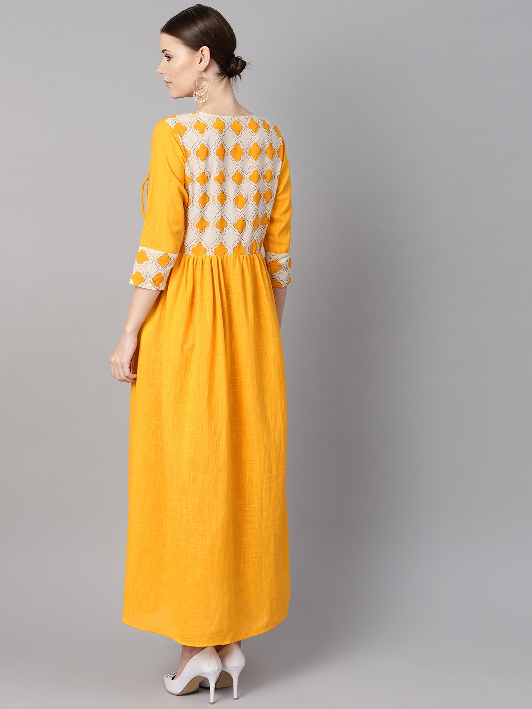 Women's Printed Yoke Angrakha Style 3/4Th Sleeve Yellow Colored Maxi.