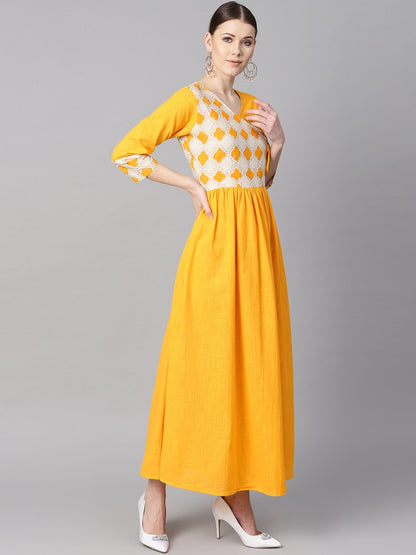 Women's Printed Yoke Angrakha Style 3/4Th Sleeve Yellow Colored Maxi.