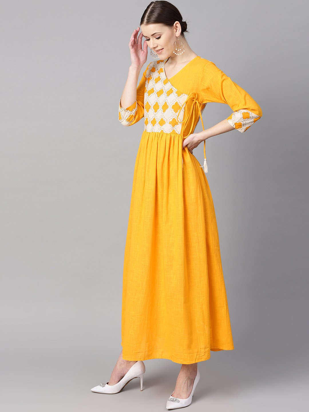 Women's Printed Yoke Angrakha Style 3/4Th Sleeve Yellow Colored Maxi.