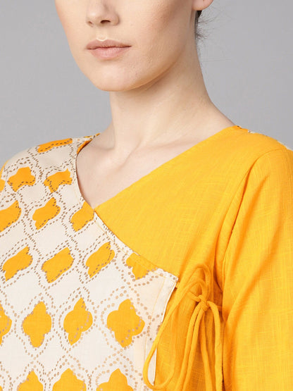 Women's Printed Yoke Angrakha Style 3/4Th Sleeve Yellow Colored Maxi.