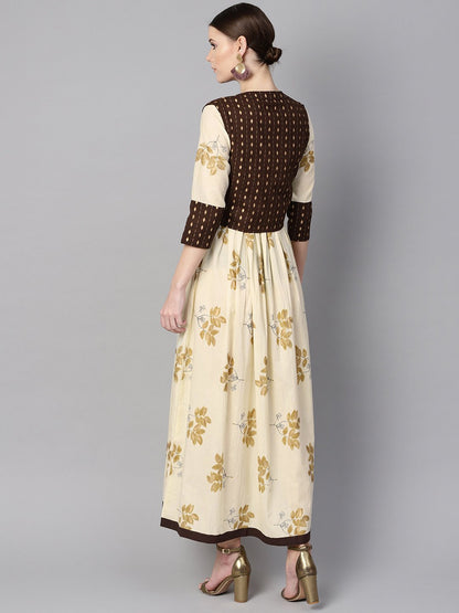Women's White Floral Gold Printed Round Neck 3/4Th Sleeve Printed Maxi With Brown Geometrical Gold Printed Jacket.