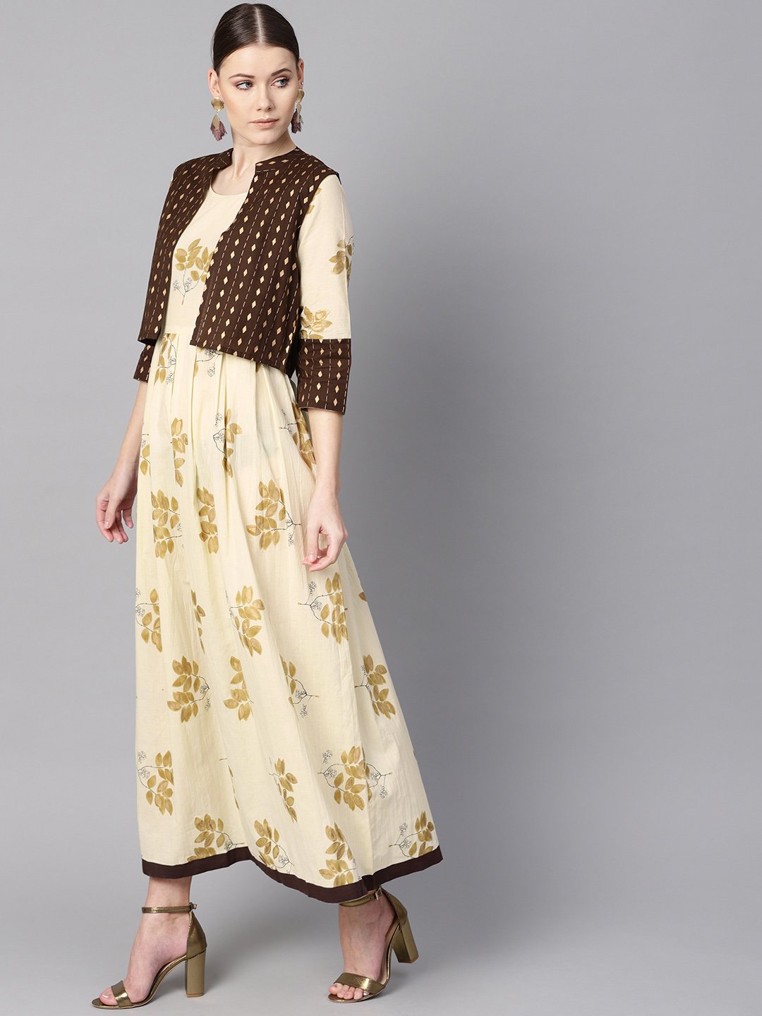 Women's White Floral Gold Printed Round Neck 3/4Th Sleeve Printed Maxi With Brown Geometrical Gold Printed Jacket.