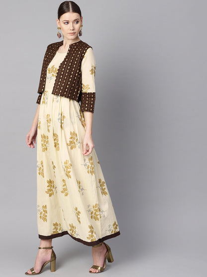 Women's White Floral Gold Printed Round Neck 3/4Th Sleeve Printed Maxi With Brown Geometrical Gold Printed Jacket.