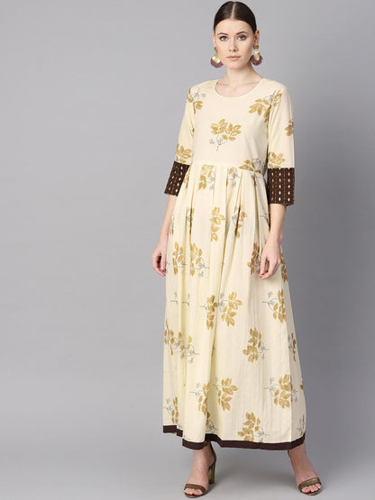 Women's White Floral Gold Printed Round Neck 3/4Th Sleeve Printed Maxi With Brown Geometrical Gold Printed Jacket.