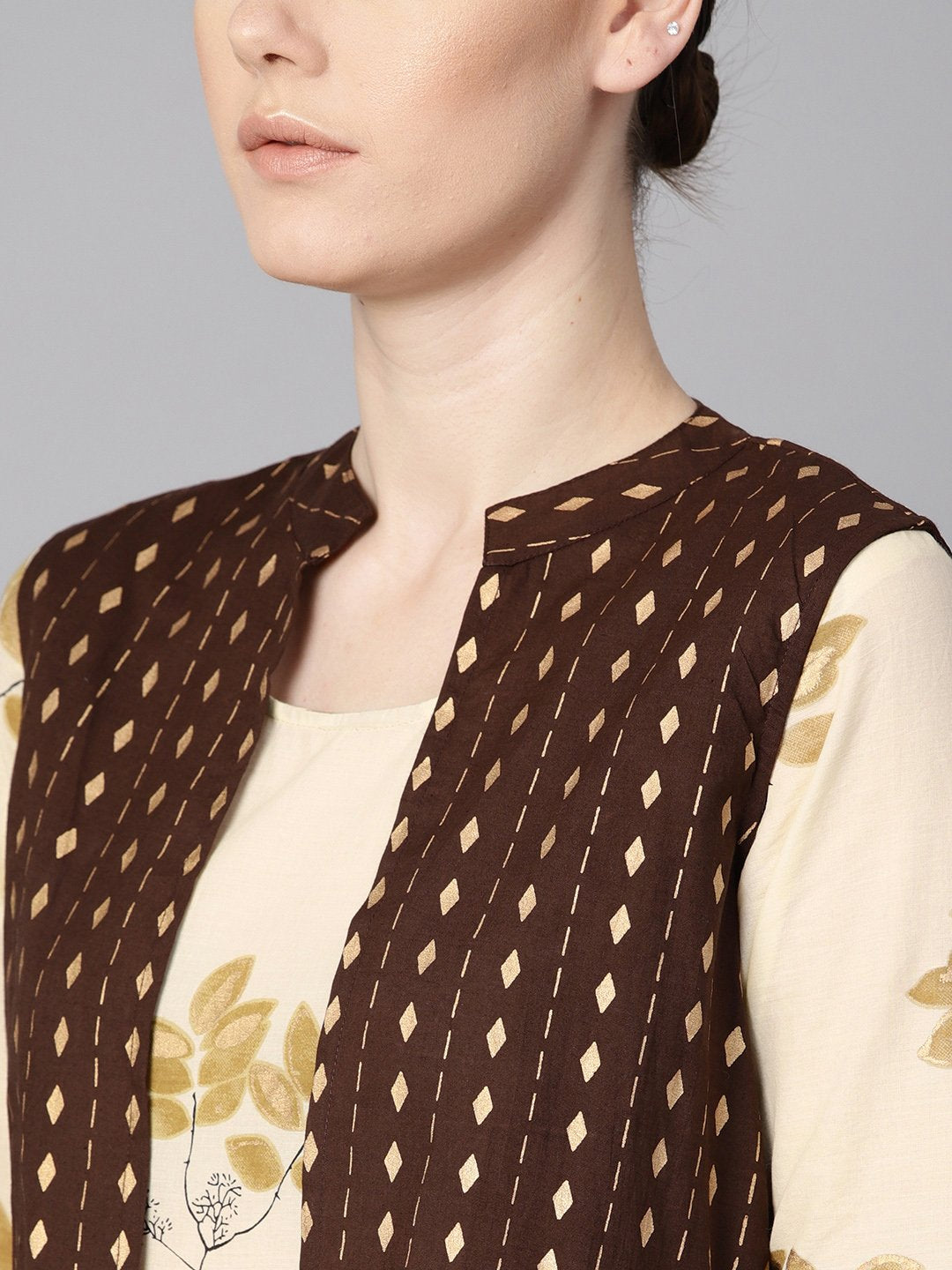 Women's White Floral Gold Printed Round Neck 3/4Th Sleeve Printed Maxi With Brown Geometrical Gold Printed Jacket.
