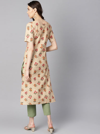 Women's Beige Floral Printed  Boat Neck Half Sleeve Straight Kurta With Solid Pants.