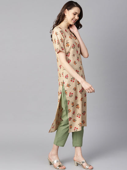 Women's Beige Floral Printed  Boat Neck Half Sleeve Straight Kurta With Solid Pants.