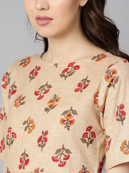 Women's Beige Floral Printed  Boat Neck Half Sleeve Straight Kurta With Solid Pants.