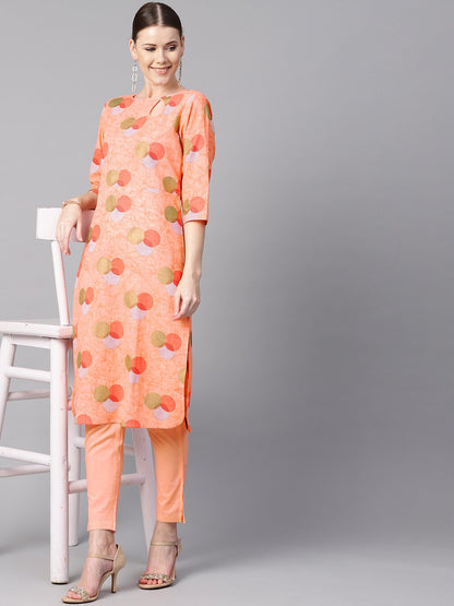 Women's Peach Color Polka Dots Printed Boat Neck With Side Keyhole  3/4Th Sleeve Kurta And Solid Cigratee Pants.