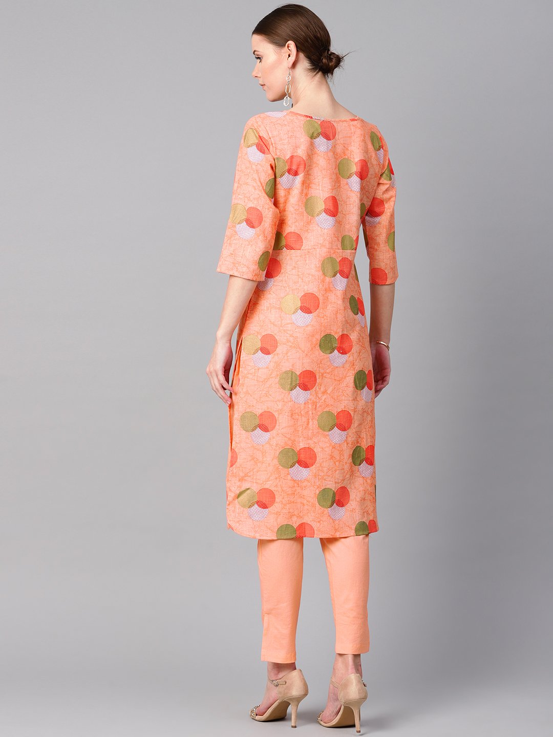 Women's Peach Color Polka Dots Printed Boat Neck With Side Keyhole  3/4Th Sleeve Kurta And Solid Cigratee Pants.