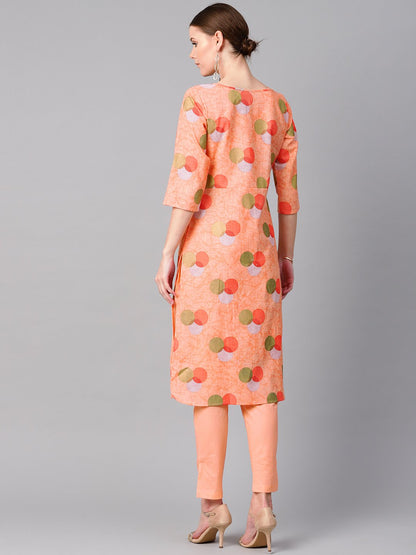 Women's Peach Color Polka Dots Printed Boat Neck With Side Keyhole  3/4Th Sleeve Kurta And Solid Cigratee Pants.