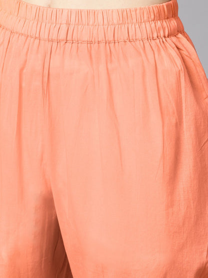 Women's Peach Color Polka Dots Printed Boat Neck With Side Keyhole  3/4Th Sleeve Kurta And Solid Cigratee Pants.