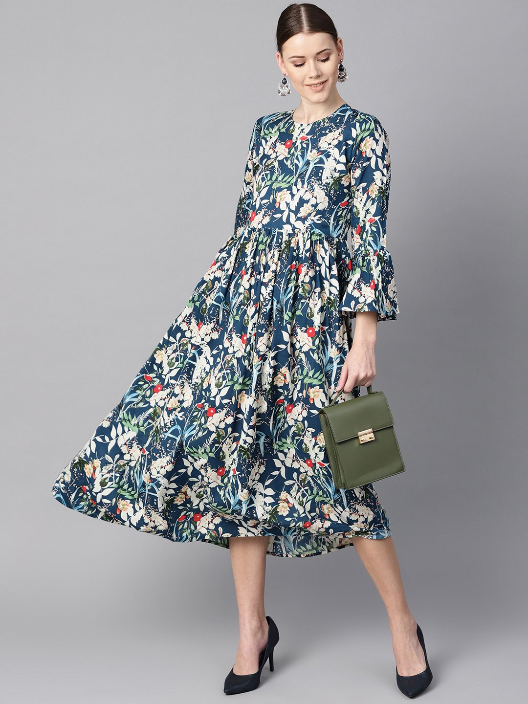 Women's Blue Multicolored Quirky Floral Printed High Neck Back Hook Closure 3/4Th Flared Sleeves Gathered Dress.
